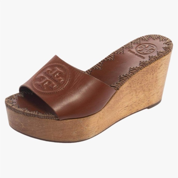 Tory Burch Brown Leather Patty Platform Wedge Sandals Size 7.5 - Picture 2 of 9